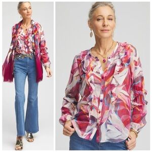 CHICO’S NWT 1 / Women’s M Abstract Ruffles Crinkle Blouse in Sweet Berry